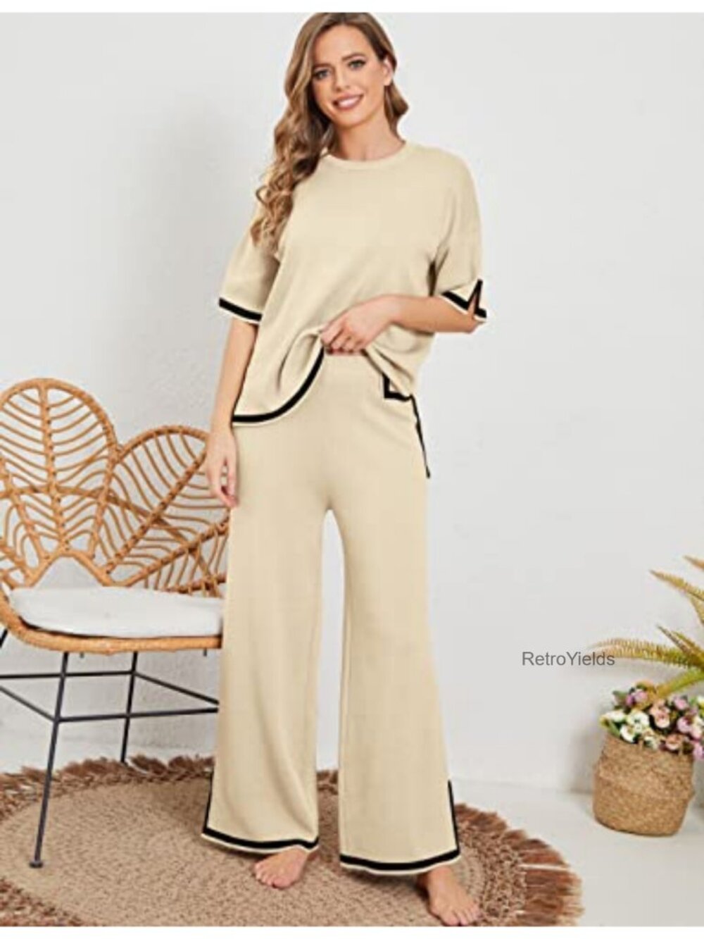 Womens Knit 2 Piece Sweater Set Short Sleeve Top Wide Leg Lounge Pants - Picture 2 of 6